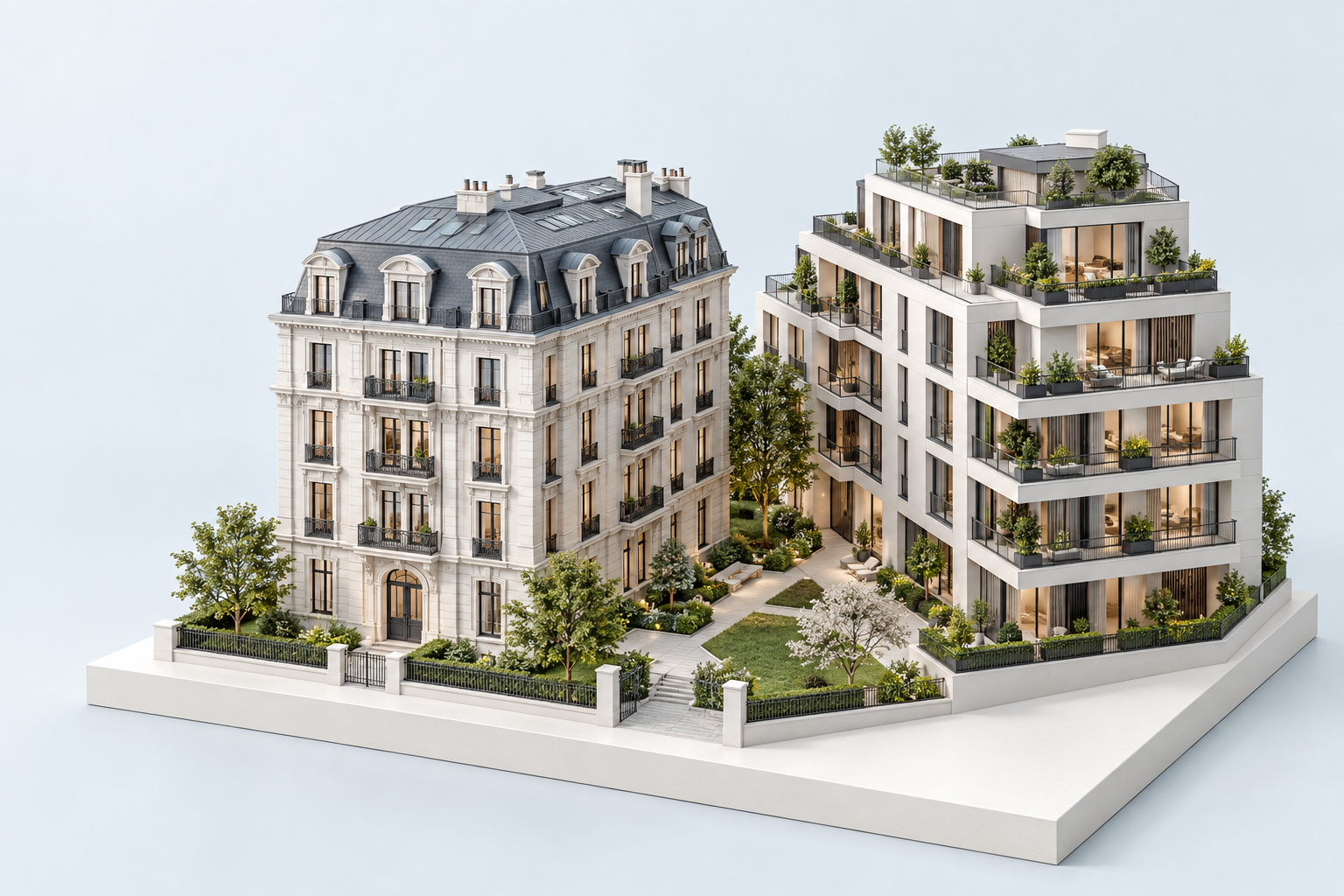 Konzeptionelles Architekturmodell aus einem historischen Wohnhaus und einem modernen Mehrfamilienhaus mit gemeinsamem begrüntem Innenhof.
