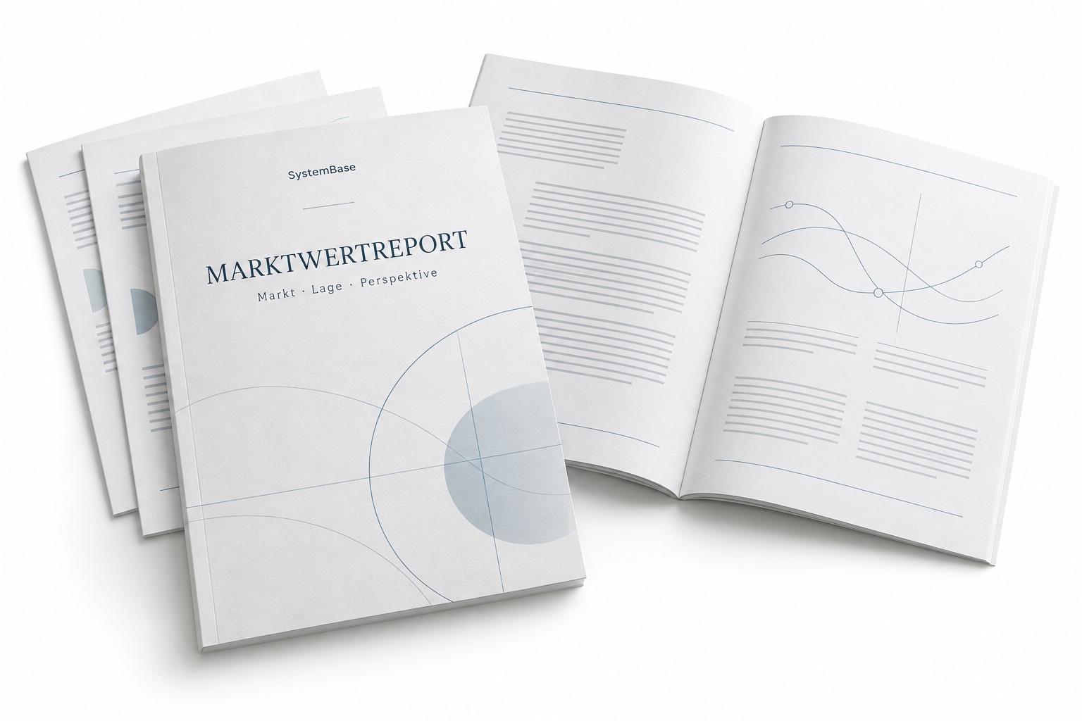 Edle Inszenierung des SystemBase Marktwertreports: ein weißes Dossier mit feinen blauen Linien und geöffneten Innenseiten